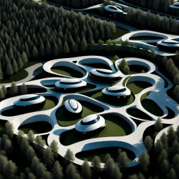 Complex of ten oval cabins, Zaha Hadid style, aerial view, ultra quality, hyper-detailed, digital art, 8k 3D, trees, parking lots, people