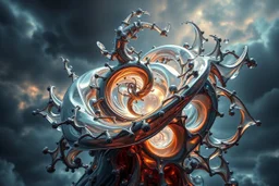 Dynamic complex hypnotic fractal 3D structures twisting and morphing between organic and geometric forms with Symmetry, smooth translucent iridescent glass with inner glow and bubbles, varied transparent materials, stormy skies, intense dramatic