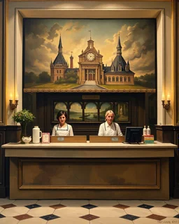 the painting 'american gothic' as hotel staff behind reception counter