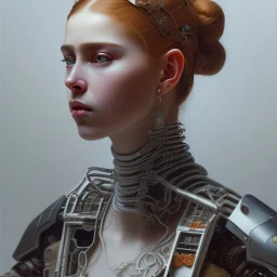 stunningly beautiful cyberpunk woman, red to orange hair hyper realist, hyper detailed, intricate, awesome, masterpiece,by Camille Corot, by Frida Kahlo, by Katsushika Hokusai, Graphemes, Light Painting, Soviet Art, Technicolor greg rutkowski, magali villeneuve, artgerm, wlop,