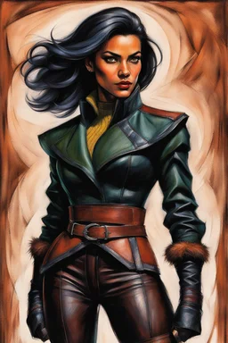 Create a abstract cubist colored chalk and charcoal portrait of an epic fantasy Lankhmar female thief character , slim in stature, with shoulder length hair, finely lined and detailed facial features, in an fur collared leather doublet and breeches , a short oriental cloth belt at the waist, stealthy soft leather slippers, , in the comic book style of Howard Chaykin, Mike Mignola, precisely drawn, colored and inked,