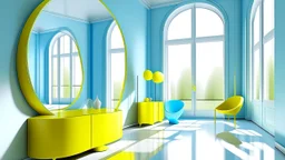 interior de una habitacion azul claro con espejos amarillos brillantes de forma ovalada y grandes cuadros modernos en tono blanco con marcos delgados, las paredes son de un azul suave y los suelos de madera oscura, con ventanas altas que dejan entrar mucha luz natural, los cuadros tienen líneas geométricas y formas abstractas en colores pastel, los espejos reflejan la luz y crean un sentido de amplitud en la habitacion, el ambiente es sereno y minimalista con algunos detalles decorativos en tono