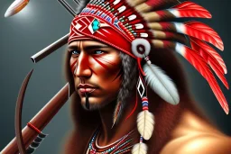  native american face, Muscular warrior, three red feathers headband, holding spear