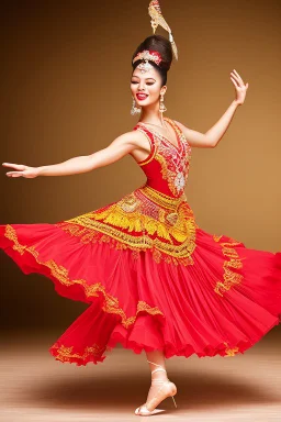 A lively portrait of a spain dancer, passionately performing in a vibrant, flowing dress, with the rhythm of castanets and the strumming of Spanish guitars in the air.