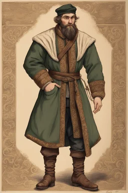 age 20, man, medieval, fighter, russian, croocked nose, czar, rich, simple clothes, short messy hair, thick beard, oligarch, brocade coat with fur, brocade clothes, pencil drawing, muscles, 20 years old, medival leather bootsspitz, gewand aus seide