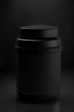 black container, plastic, realism, with screw lid, no labels, round container, view from the front, protein powder, dark studio setting, black background