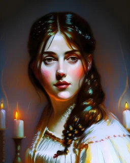 impressionism, women in a 15th century dress, candle light, wood wall in the background