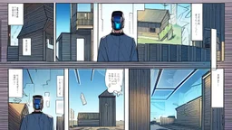 small Wooden European Cabin, In cyberpunk city-skyline, comic style