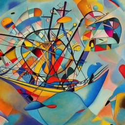 Beautiful pirate ship in the ocean in the style of Abstract Expressionism, complex, incomprehensible, 3D, voluminous, symmetrical, artistic, 4K, 8K, Wassily Kandinsky, Paul Kole, Franz Mark