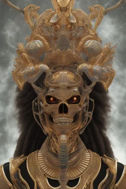 shiny black male African playing drums Egyptian alien, cracks in the voodoo head, wicked, eyes, crown, Elephant, 8k, finely detailed, photo realistic, tiger turquoise skull head gold dragon space alien snow skeleton gold hornytoad silver crown silver eyes playing drums