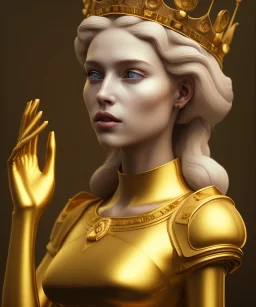 Statue of Queen of photography. Cute blonde woman. Photographer in golden crown. Standing on the street. Big camera in her hand. hyperdetailed, photorealistic, trending on artstation, greg rutkowski, beksinski, kodachrome, lomography, golden hour, bokeh, volumetric light