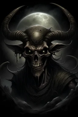 the eldritch embodiment of the moon, the night, the dark, skeleton, large smile, large bull-like horns, rocky skin, no eyes