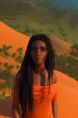 3D render of a cyberpunk tribal young black woman, black hair, ragged shirt, on a orange dune background, digital art