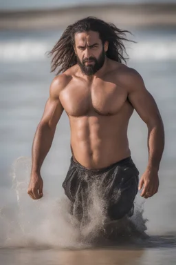 full figure shot photography of an angry strong muscular beefy burly 38 years old hairy ugly arab fisherman, short beard, dreadlocks, shirtless, manly chest, bulging swimwear, angry eyes, walking on the beach in the sun, side light, sweat and wet, ground view angle