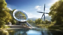 4125. Innovative environmentally-friendly home, wind turbines, solar panels, water wheel in river, alternative energy, scientific experiment, home of the future, fantasy, robotic, automated, spectacular, futuristic, beautiful lighting, attractive composition, photorealistic, extremely detailed, chiaroscuro