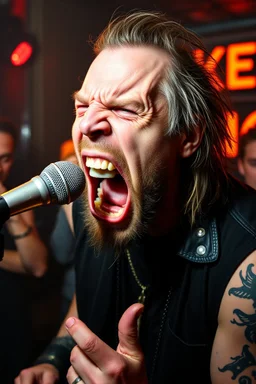 A very angry and bitter punk rocker screaming at microphone, very aggresive image in a club house, his name i FOLKE, and the name FOLKE in background
