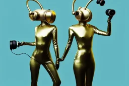 Golden to cyan surfaces body, latex. Tendril-mask-Synthesizer-proboscis. Lightly armored bodies. Metallic headphones and speakers. Alina Li. Old-fashioned cameras integrated to heads. Suture eyes. Strange Steam-punk Silver tumbler hands! Dystopia perfect body. Mind-download from 1950's computer. Partly symmetrical in relation to the computer. Perfect golden ratio in all directions. Space-corruption. Steam-machines-tubes. Oppressive atmosphere. Thick Mind-upload-cable. Propaganda