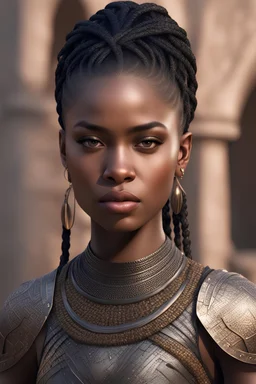black braids, intricate Ashanti armor, detailed gorgeous face, beautiful African girl, medium length black hair, toned stomach, showing midriff, (photorealistic, photorealism), (8k, RAW photo, highest quality, masterpiece, ultra-high resolution, physics-based rendering),
