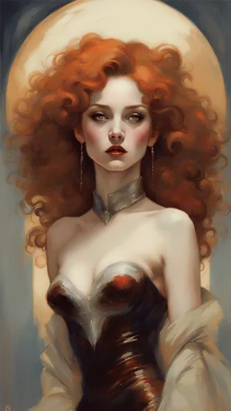 Vampiress, Queen of Dracula, a fiery-haired beauty with luscious curls and deep brown eyes, adorned in a regal futuristic gown that captures the essence of celestial bodies and stars. by Conrad Roset, Pino Daeni, Jeremy Mann, Alex Maleev, 16k resolution, super dramatic light, sharp focus, alexander mcqueen , John William Waterhouse rudolf hausner, daniel f. gerhartz,