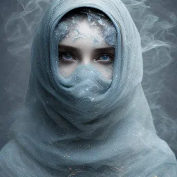 clouds of gray fog as woman's face, dissolving, disintegrating, smoke, wearing blue hijab, fine detail, highly intricate, wearing blue hijab, modern surrealism painting, fog, high-quality, volumetric lighting, 8k, ultrahd, George Grie, Marco Escobedo, Igor Morski,Brian Froud, Howard Lyon, Selina French,