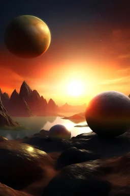 landscape with three planets on another planet with rocks at sunrise