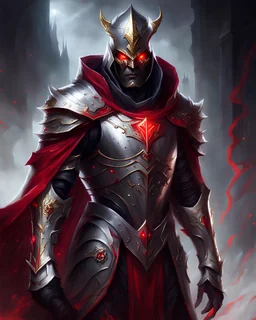 handsome Dark lord in silver and gold armor with glowing red eyes, and a ghostly red flowing cape, crimson trim flows throughout the armor