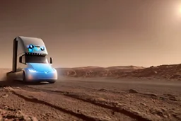 A Tesla 'Semi' (semi truck) is going at a high speed, at the Cydonia region on Mars. (CINEMATIC, WIDE ANGLE LENS, PHOTO REAL)