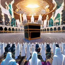 The scene in Mecca: People wearing white Ihram clothes, men without head coverings, women with veils, circumambulating around the Kaaba, and above them are transparent white spirits of children, men, and women with wings revolving around the Kaaba.