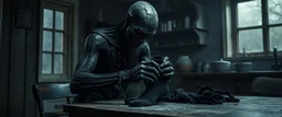 A cinematic gothic horror scene of a terrifying black-charred vampire doing an utterly mundane household chore in an old gloomy kitchen at night, carefully folding freshly washed black socks on a wooden table. The vampire looks as though it has survived being burned alive: completely soot-blackened skin, cracked and charred flesh, subtle red embers glowing deep inside the cracks, pale ruined eyes, blackened fingers and ancient torn clothing covered in ash. Despite its horrifying appearance, it i