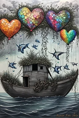 Abstract mixed media kintsugi art in intricately detailed and textured Seth Apter, Ernst Haeckel, Peter Wileman and John Hoyland style: "Fishing flying mantarays, fisherboat carried by heart-shaped balloons, overgrown with foliage and dangling vines, in an enchanted, magical, misty caribbean seascape, with colourful Yayoi Kusama textures, rainbow bubbles, in the clouds." Contemporary Art, incorporating collage and graphic shapes, with figurative and enchanted, mystical elements. By Susanne.