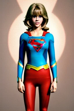 portrait, teenager, Jane Fonda, make-up, happy, satisfacer dildo advertising, Realistic image, 60s, supergirl, tights minimal dress, sweat, Color background, photo studio, concept art, smooth, unreal engine 5, god lights, ray tracing, RTX, lumen lighting, ultra detail, volumetric lighting, 3d, finely drawn, high definition, 4k.