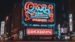 a billboard branded writing Odk Tokusentai , with neon light, in the city center, at night . in Montréal