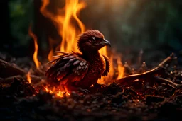 Extremely detailed and intricate scene of baby phoenix hatchling cuddled up resting on a pile of ashes surrounded by fire and smoke, rays of sunlight shine on the phoenix, in the background is a dense dark forest, settings: f/8 aperture, full shot, hyper realistic, 4k