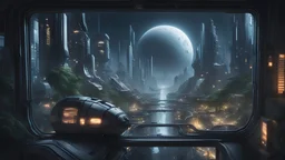 the view outside a window into a densely populated futuristic city thats built on an asteroid. the scene is a calm night in outer space. trains are travelling through the city which is largely overgrown and has many waterfeatures.