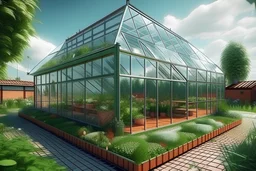 Duplex house, one side is made from brick, another is fully transparent greenhouse, with weed inside, wide angle camera, Digital illustration