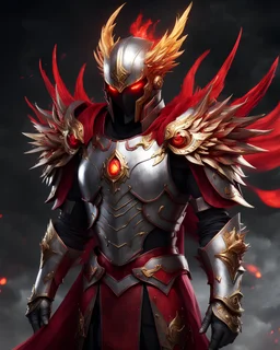 silver and gold armor with glowing red eyes, and a ghostly red flowing cape, crimson trim flows throughout the armor, the helmet is fully covering the face, black and red spikes erupt from the shoulder pads, four crimson and gold angel wings are erupting from the back, crimson hair coming out the helmet, spikes erupting from the shoulder pads and gauntlets, staring up at a lava monster erupting from a volcano