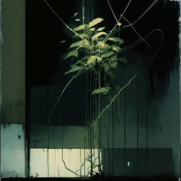 Minimal abstract oil painting of a plant in concrete warehouse brutalist architecture and hanging wires illuminated at night.In the style of Justin Mortimer and Phil Hale, Ashley Wood