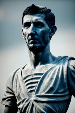 Ultra Realistic image, roman sculpture, deluxe white marble material, Angel di maria soccer player, Renaissance style, miguel angel style, chisel style, emperor, waist up portrait, epic, celestial, cinematic lighting, God light, god rays, 4k resolution, smooth details, ornate details, unreal engine 5, blue sky background.