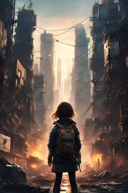 In a dystopia, A young girl wanders into a post apocalyptic steampunk skyscraper、One little girl's back in the back center of the screen、Very complex post apocalyptic cityscape、A devastated world、Pulling composition、industrial、High-definition depiction、A city lined with electric wires、Magic Hour、Make a story with 4 sheets