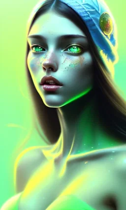 girl, sexy, beautiful, long hair, wavy hair, green hair, blue eyes, green beanie, green bra,big boobs, black tee shirt,full body portrait, 8k resolution concept art portrait by Greg Rutkowski, Artgerm, WLOP, Alphonse Mucha dynamic lighting hyperdetailed intricately detailed