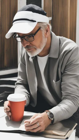 A man wearing a white Dad Hat, glasses, and reading