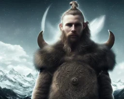 a sad and lonely viking looking up at the stars at night, hyper realistic, 8k, insane detail, atmospheric background, crying eyes, big fur coat, long braided hair, sharp focus, soft background, dynamic lighting, viking helmet, night time