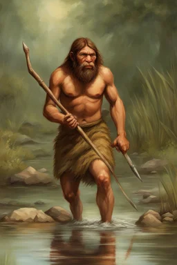 [Homo sapiens, Neanderthal] A solid man nomadic hunter-gatherer with a Palaeolithic weapon around a pond