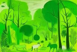 A lime green savanna with leafy trees and animals painted by Pablo Picasso