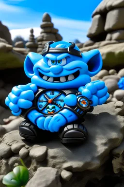 "Visualize a Smurf Watch made for outdoor adventures, featuring a durable, water-resistant design, and elements like Gargamel's cat, Azrael, in the background."