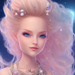 cosmic petit prince belle fine, profil de trois quart, grand front cosmique, peau bleu cristalline, yeux bleu, perle sur le front long cheveux blond et rose etoilé, cristaux sur le corps, collier de grande princesse, levres souriante, très jolie sourire