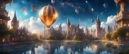 city with several magic and beautiful small garden and great building, a magnificent environment, faceted dome, lake. infinitely many details. starry sky, sparkles high definition, 4k, cosmic star sky, steampunk medieval airships outside a vast busy castle, magically powered, ethereal, leather hot air balloons, evening time , sun set, blue sky, dynamic white clouds, magnificent, vibrant, hdr, 4k, 8k, watercolour , low a aesthetic, Mysterious sketch