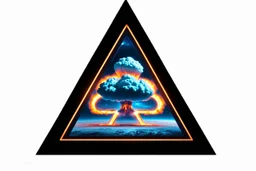 a nuclear explosion cloud, behind an orange glowing omega like shape, all inside an equilateral triangle like a doorway to a different world, radiant lines, Psychedelic CGI special effects