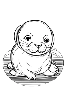 cute coloring page, sketch style, cute baby seal in the ice, cute cartoon, white and black, withe background, no shadows, outline.