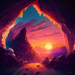 a rocky cavern exit revealing a beautiful sunset over eden with realistic vibrant colours illustration